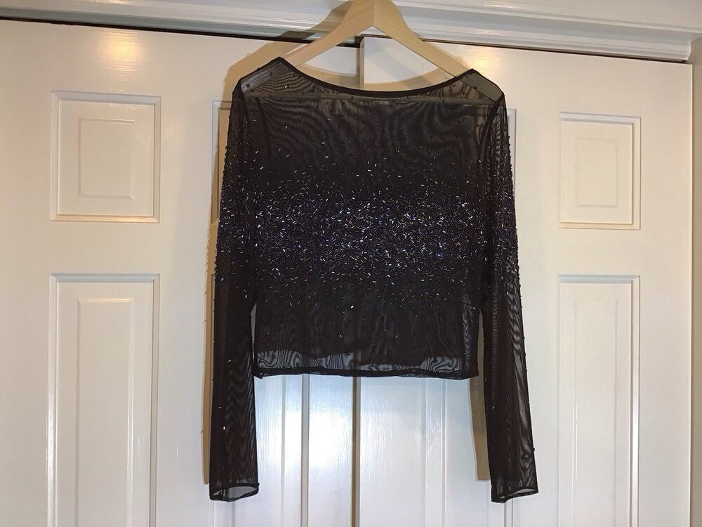 Black Sheer Mesh Ethereal Bead Accent Long Sleeve Women Sz S Top Dark Fairy Goth